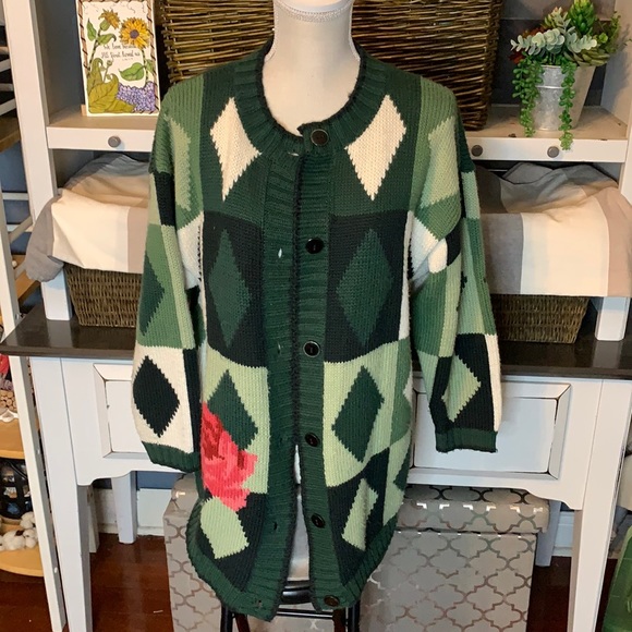 Forenza Green/White Thick Cardigan with Rose Size Medium - Picture 1 of 8